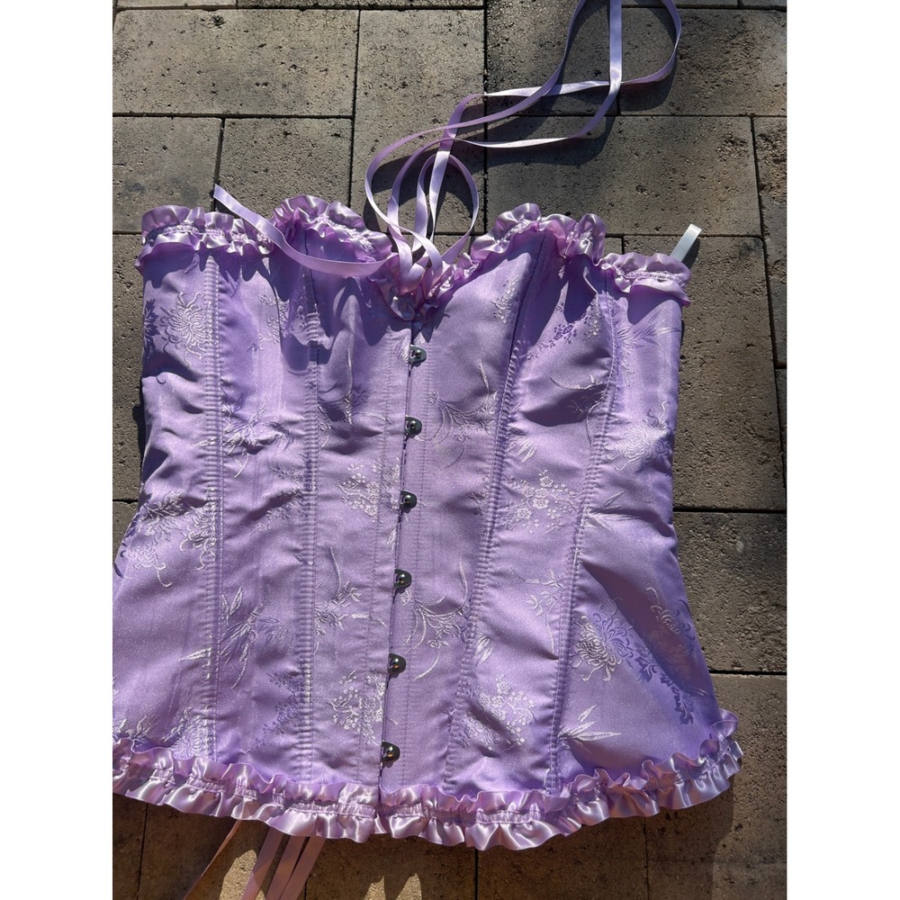 Lavender Satin Brocade Corset Top Lace Up Coquette Fairycore‎ Renaissance Size L